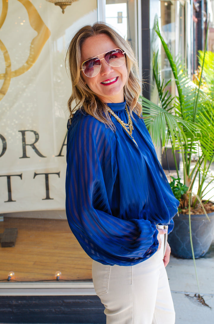 Lasting Love Metallic Stripe Bubble Hem Tie Back Blouse in Cobalt Blue