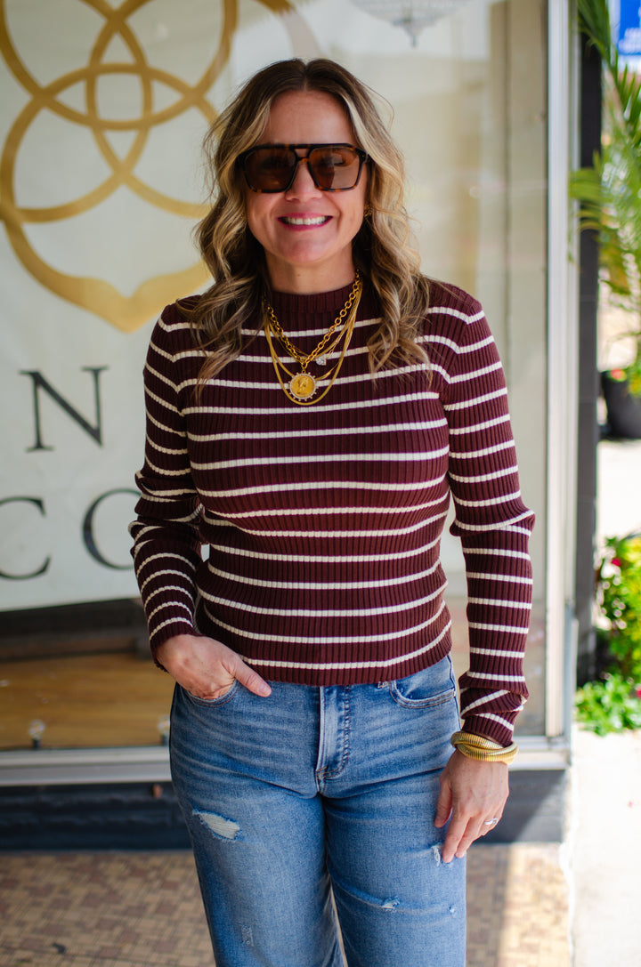 Love Story Ribbed Stripe Fitted Mock Neck Top in Chocolate Brown