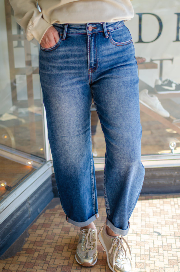 Risen High Rise Crop Barrel Jeans in Medium Wash