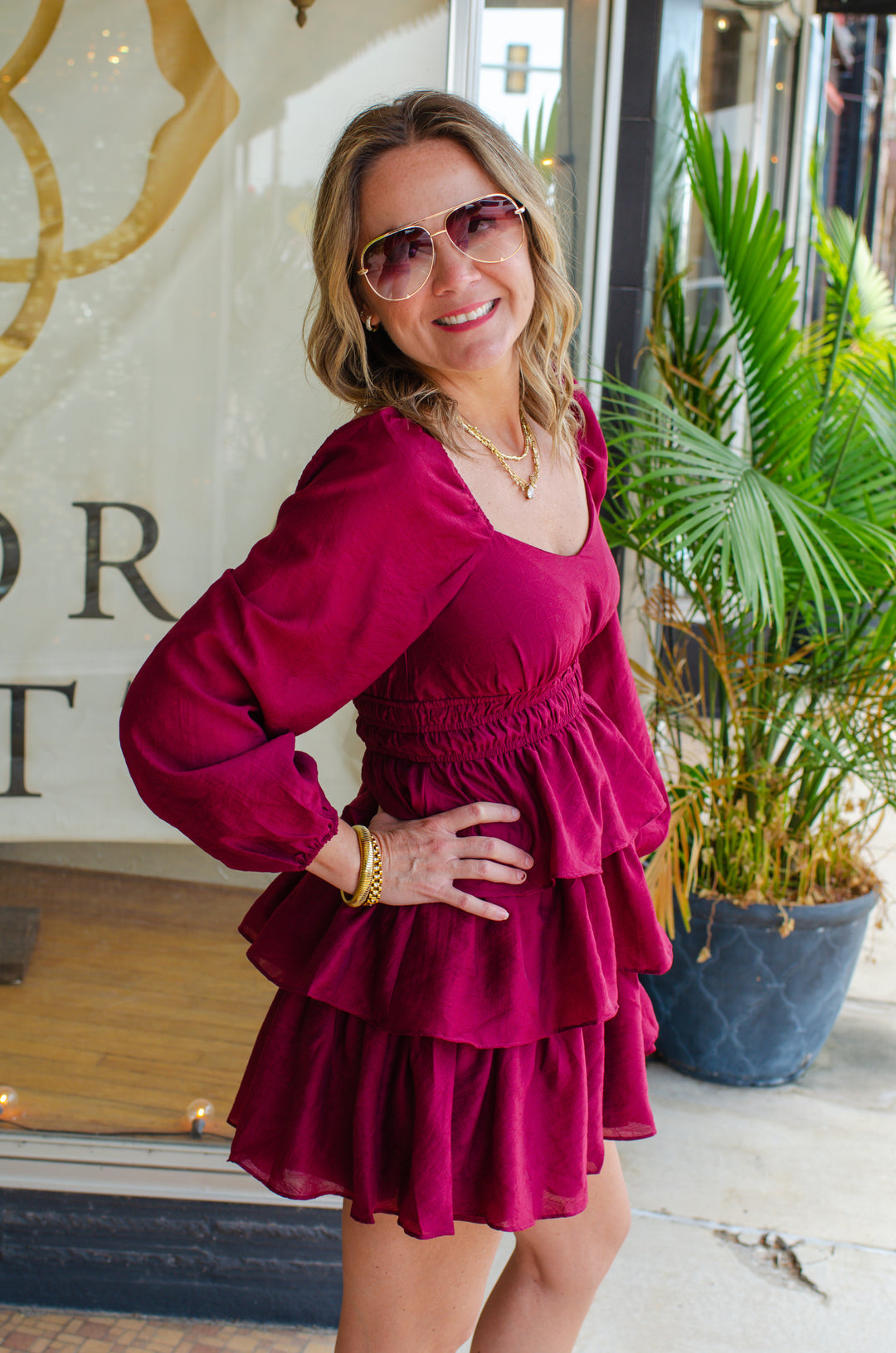 Go Your Own Way Ruffle Tiered Dress in Burgundy