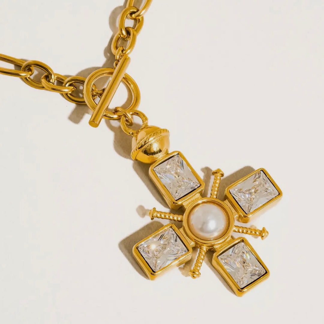 Jaqueline 18K Gold Plated Water & Tarnish Resistant Crystal & Pearl Cross Necklace