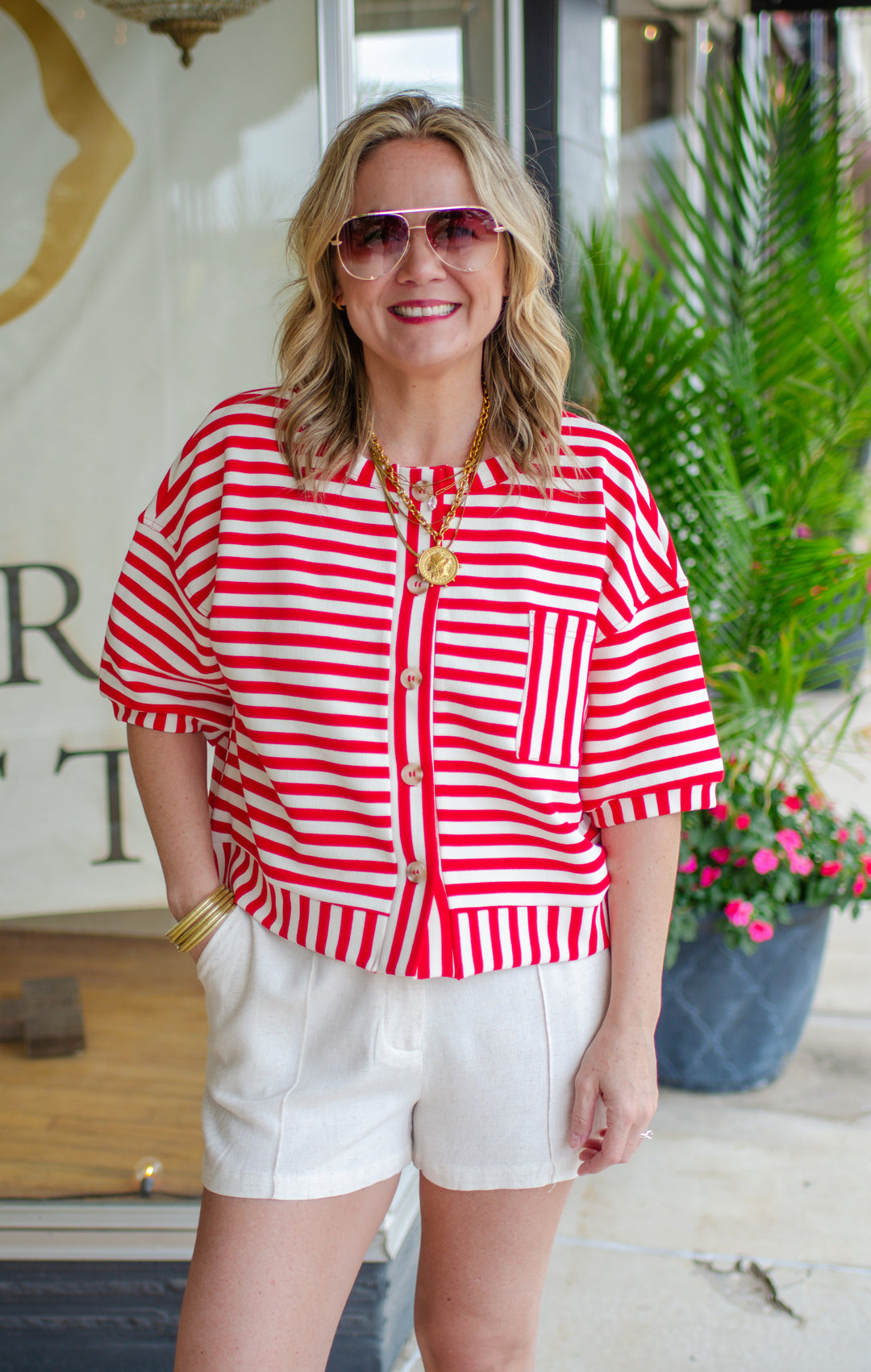 Bold Moments Stripe Pocket Short Sleeve Top in Red