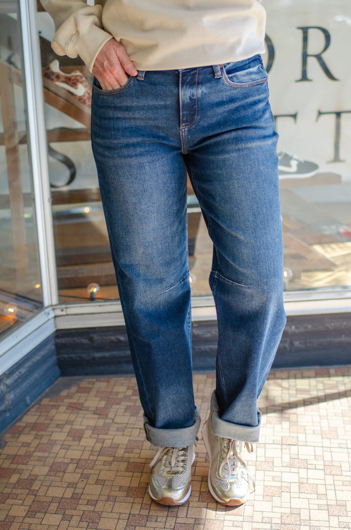 Risen Slouchy Crop Barrel Cuffed Jeans in Dark Wash