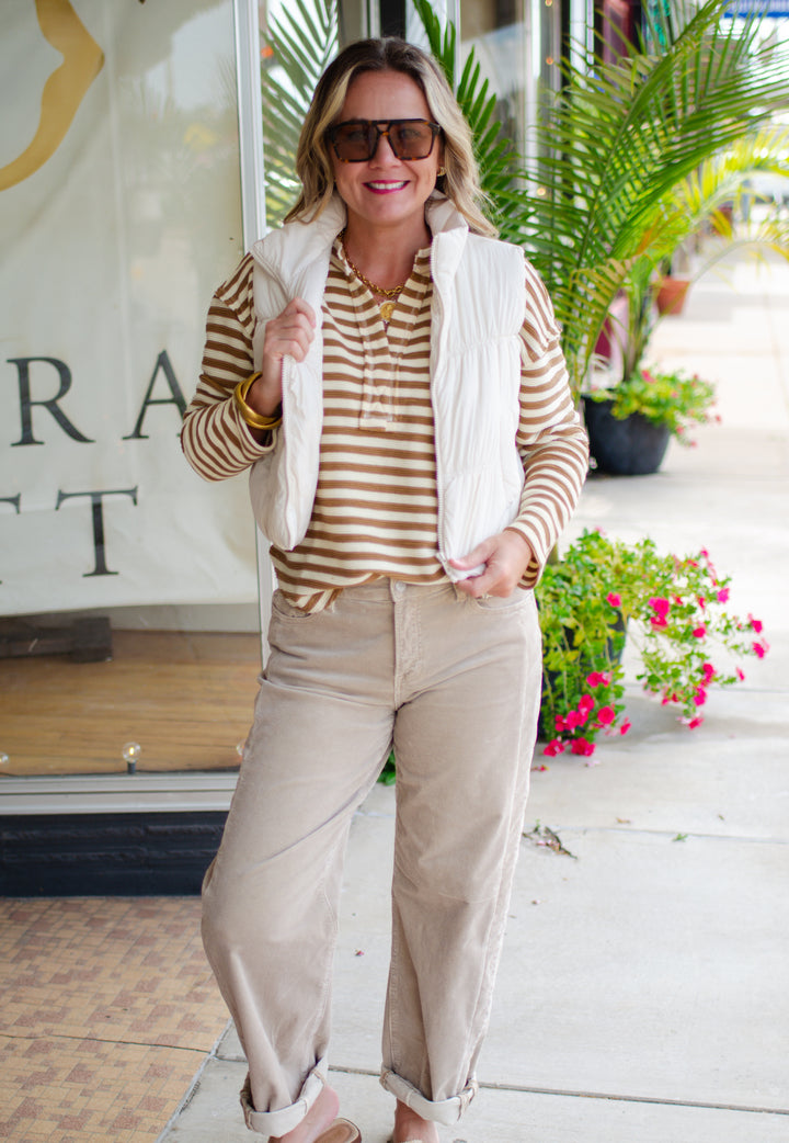 Adventure in The Alps Collared Zip Up Puffer Vest in Ivory