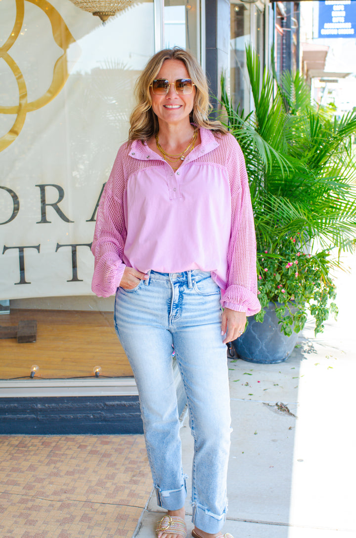 Breezy Summer Mesh Long Sleeve Top in Pink