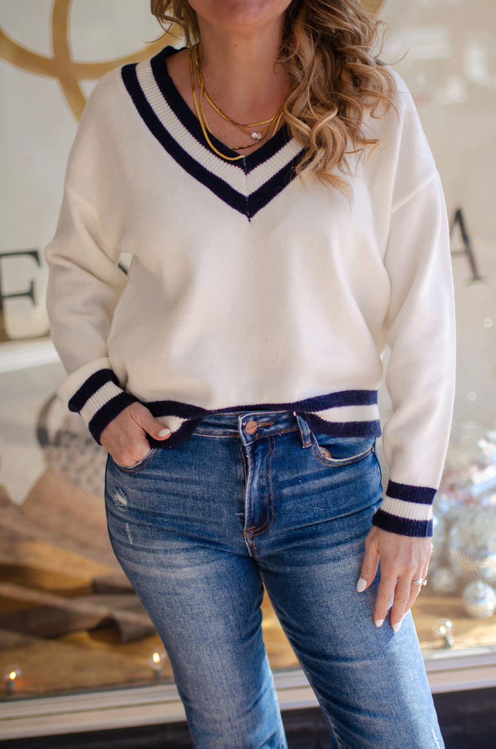 Varsity Stripe Navy & White Knit V-Neck Sweater