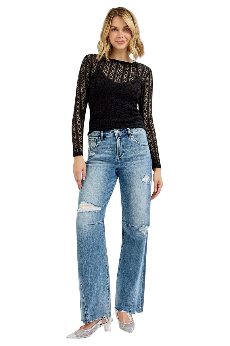 Risen Mid Rise Distressed Wide Leg Jeans in Medium Wash