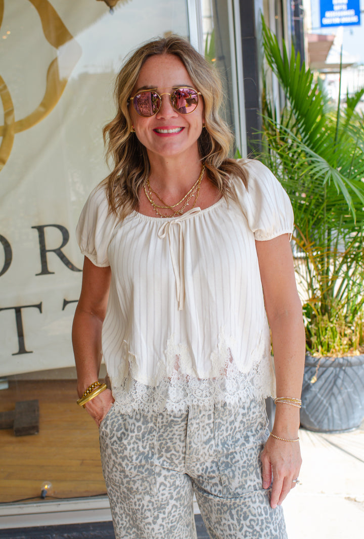 Whimsical Memories Silky Stretch Neckline Top in Lace Hem in Cream