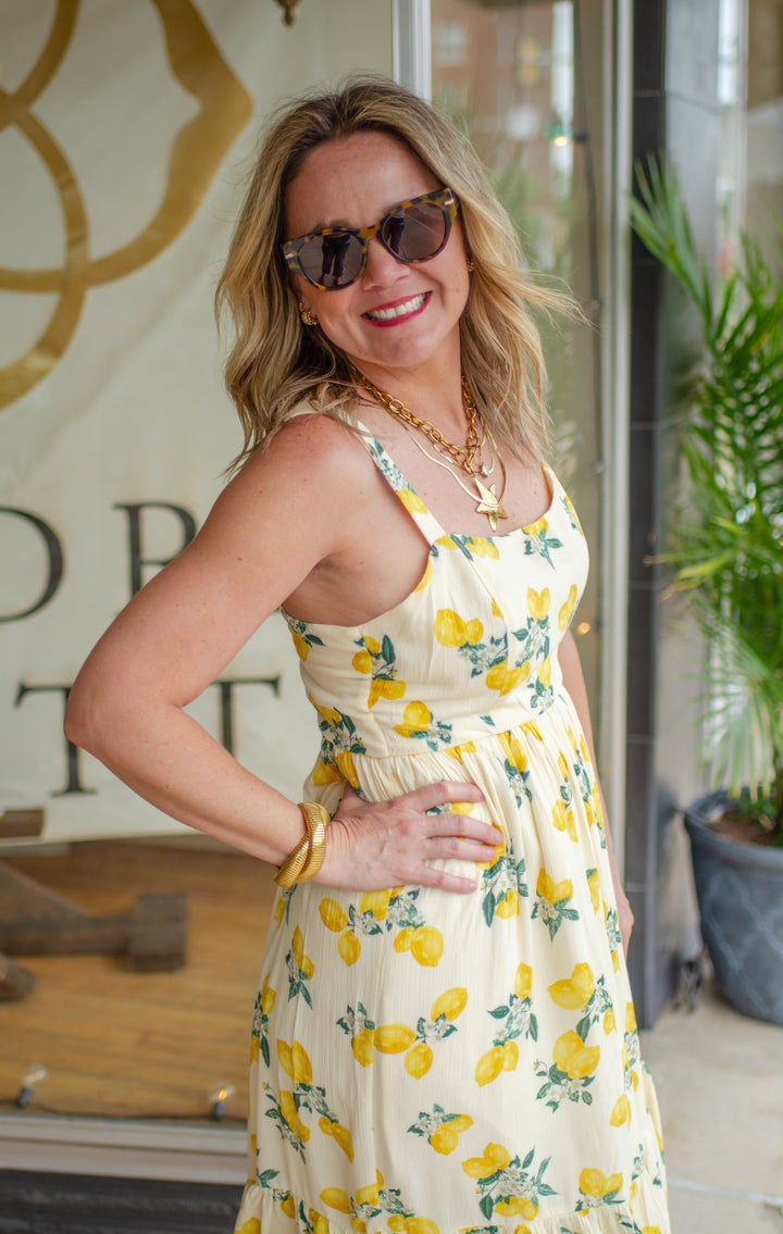 Amalfi Vibes Lemon Printed Tiered Maxi Dress in Cream