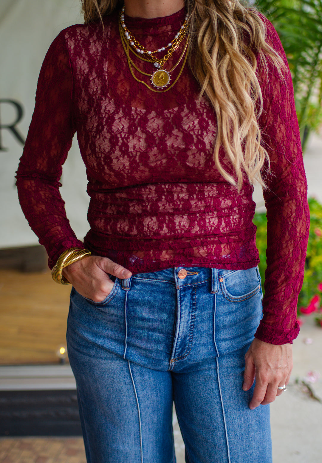 Fall Romance Fitted Floral Print High Neck lace Top in Wine