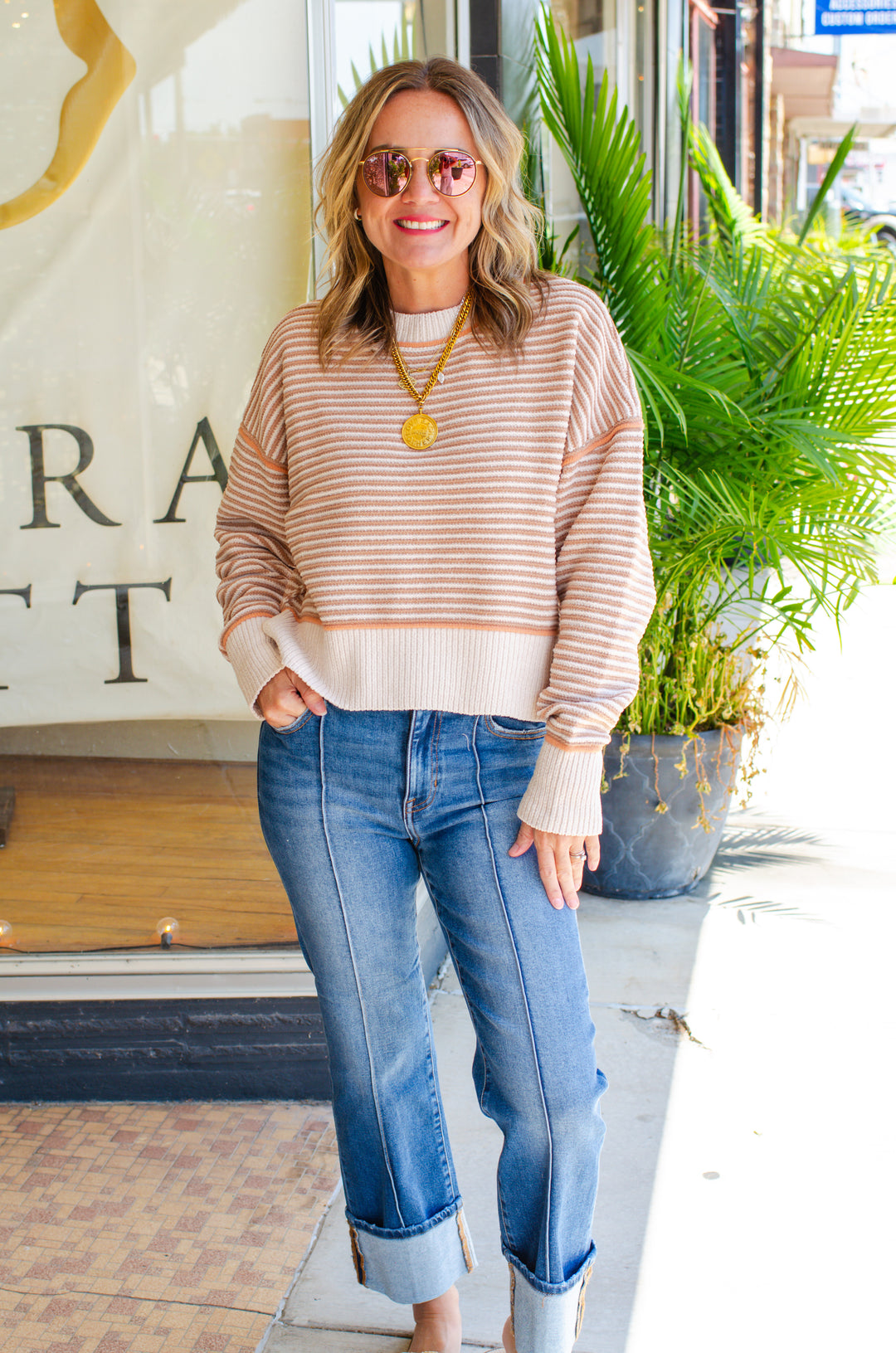 Get Cozy Soft Ribbed Knit Round Neck Color Block Sweater in Taupe