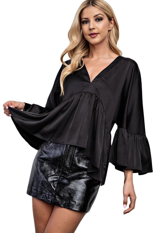 Heartbreaker Bell Sleeve Satin Top in Black