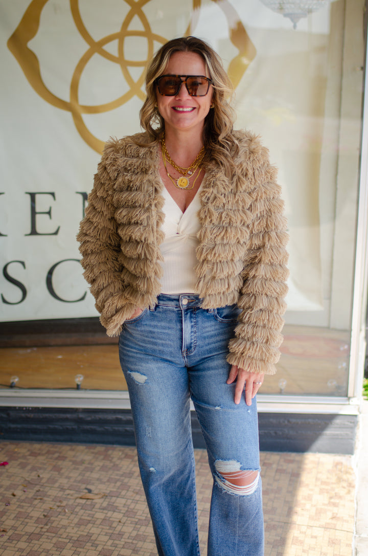 Almost Famous Shag Cropped Jacket in Taupe