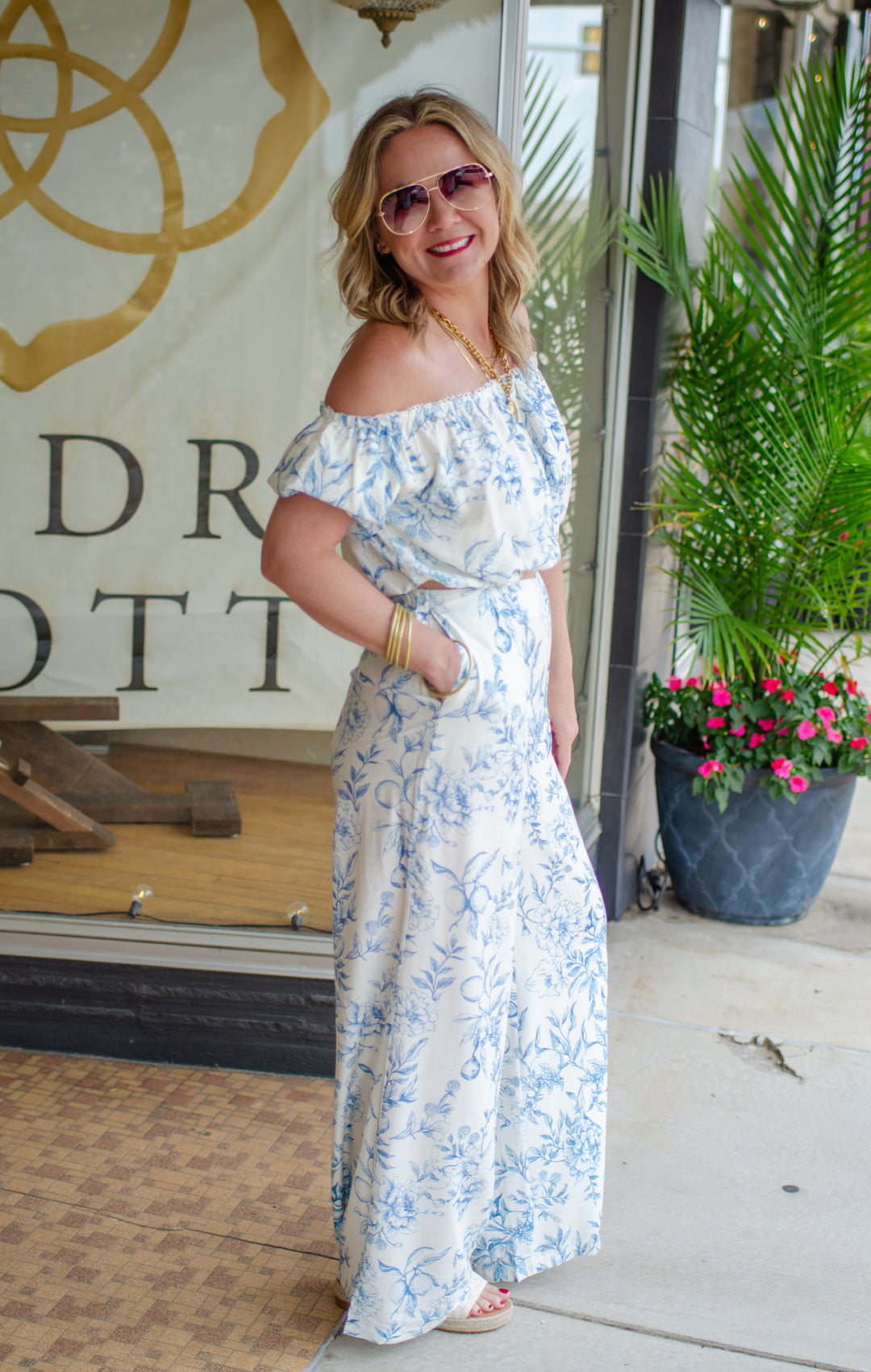 Capri Sunset Blue Toile Floral Off The Shoulder Top
