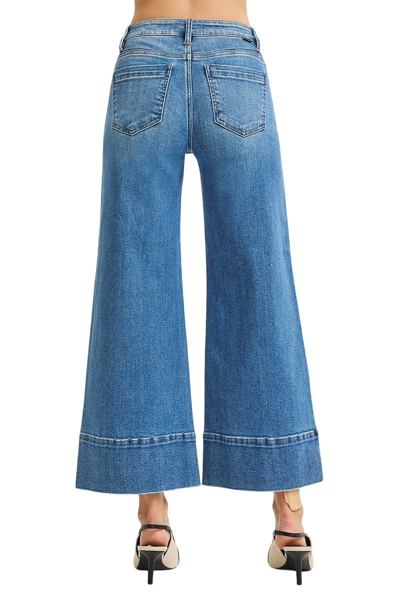 Risen Tummy Control Mid Rise Pin Tuck Crop Wide Leg Pants in Medium Wash