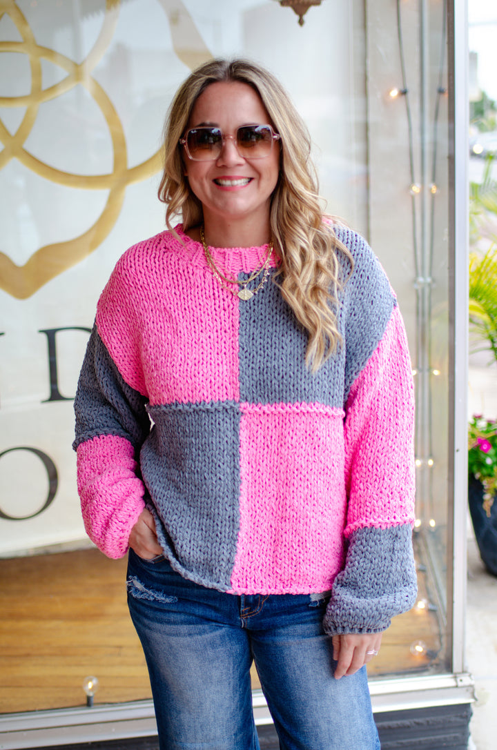 Pink & Grey Chunky Knit Color-block Sweater