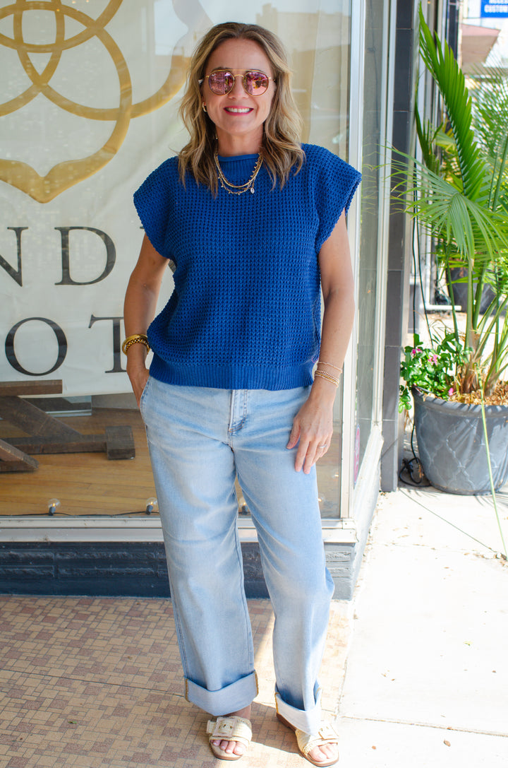 Take Me Back Soft Chenille Knit Sleeveless Sweater Top in Blue