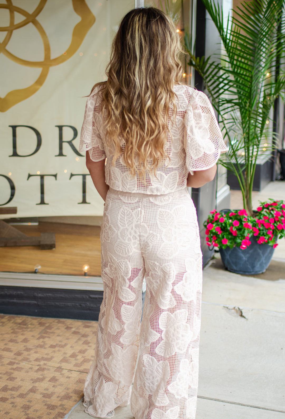 Let It Be Sheer Crochet Floral Tie Front Pant in Taupe