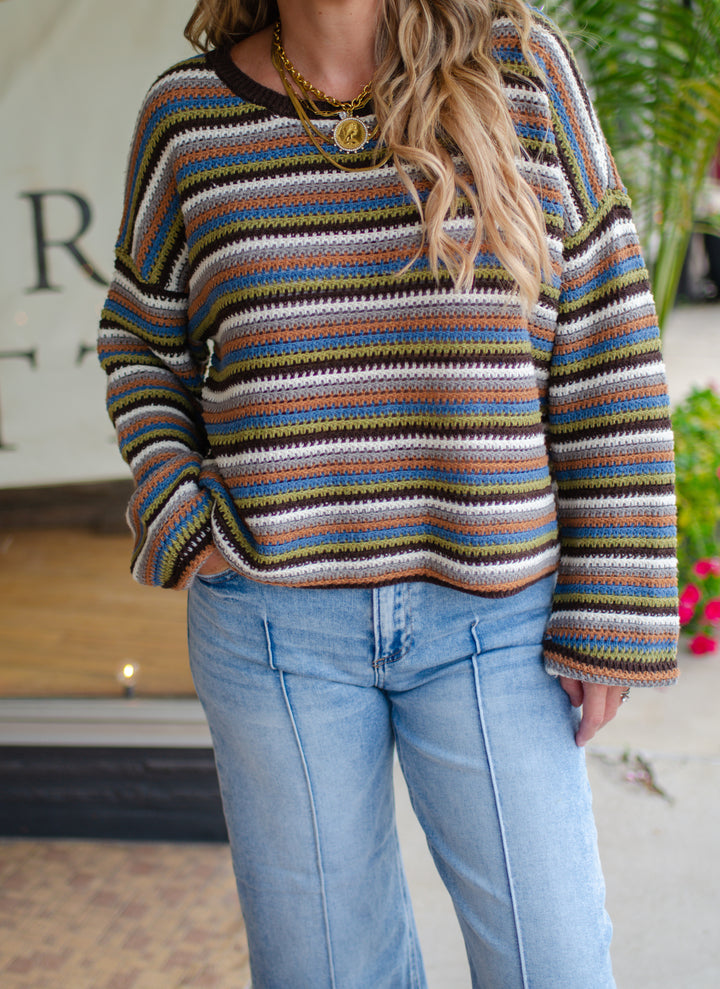 Vintage Feel Multicolor Stripe Long Sleeve Pullover Sweater