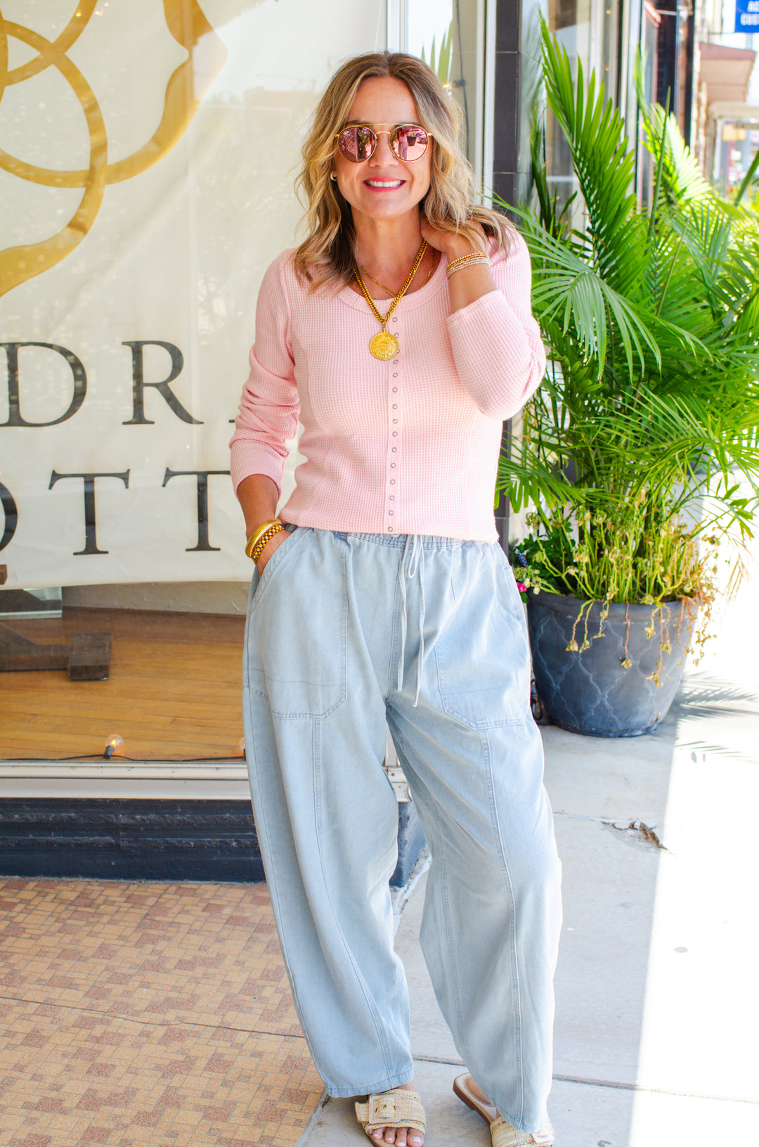 Walking With You Light Denim Stretch Drawstring Barrel Pants