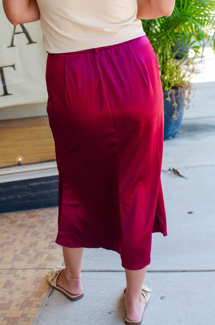 City Chic Belted Midi Skirt  in Burgundy