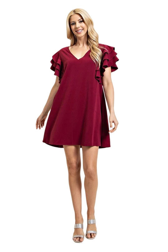 In Your Love V-Neck Ruffled Sleeve Shift Dress in Wine