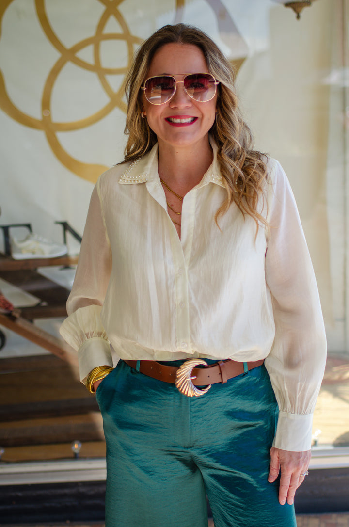 Take Me Back Pearl Collar Button Down Tuck Front Top in Cream