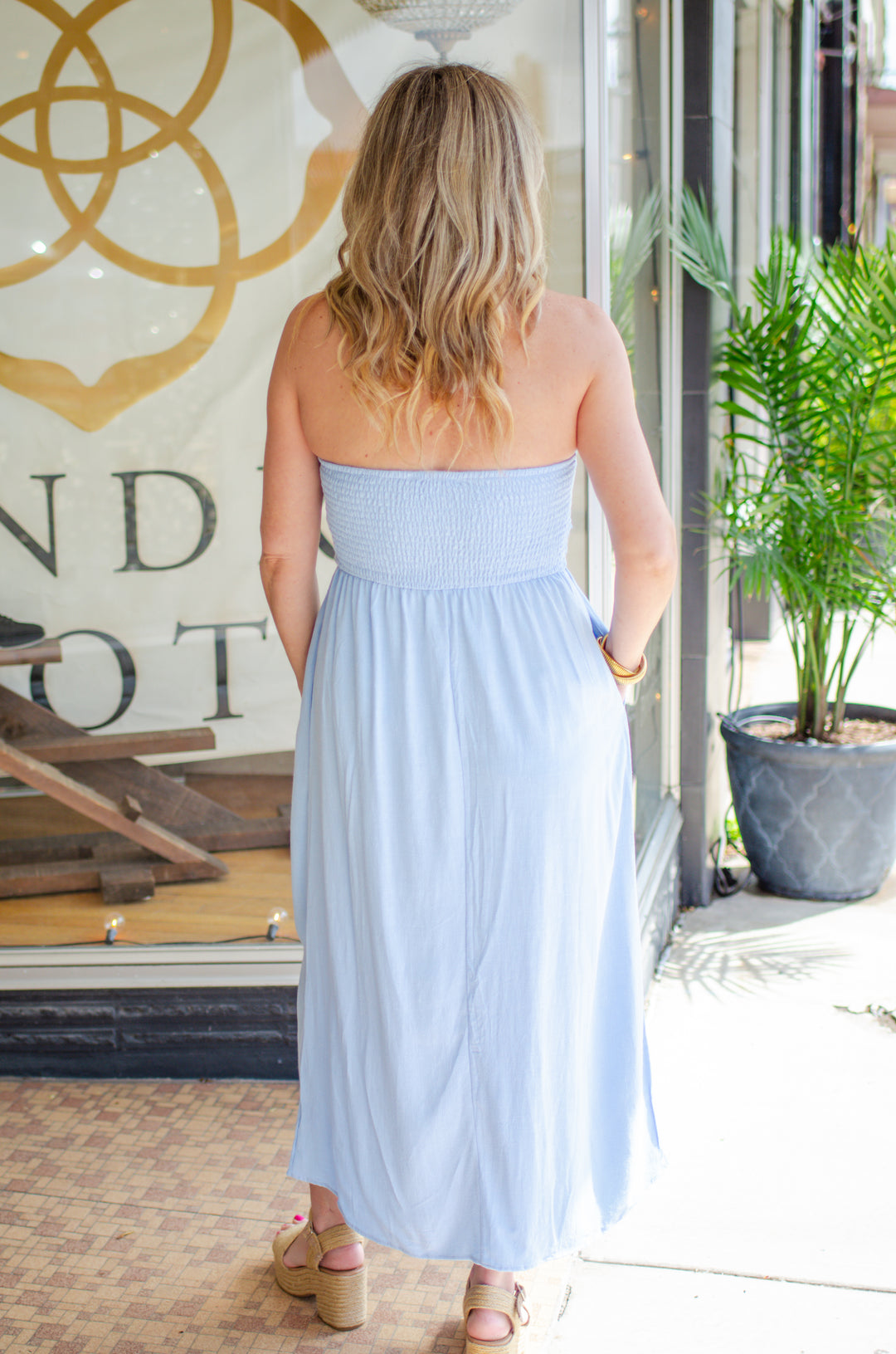 La Dolce Vita Strapless Empire Waistline Midi Dress in Light Blue