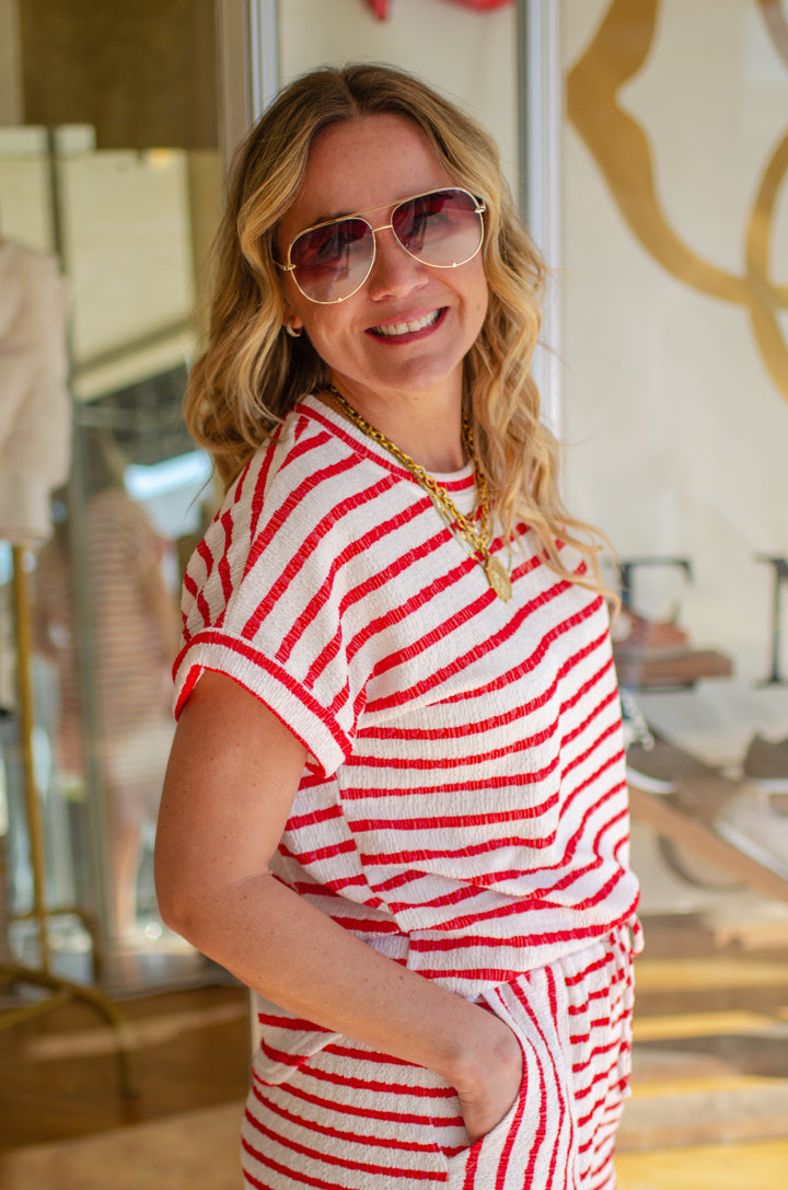 Comfort In You Textured Stripe Shirt Sleeve Top in Red