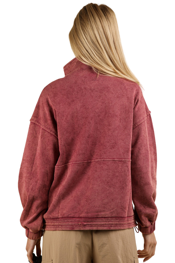 Take It Easy Mineral Washed Button Down Henley Sweatshirt Top in Wine