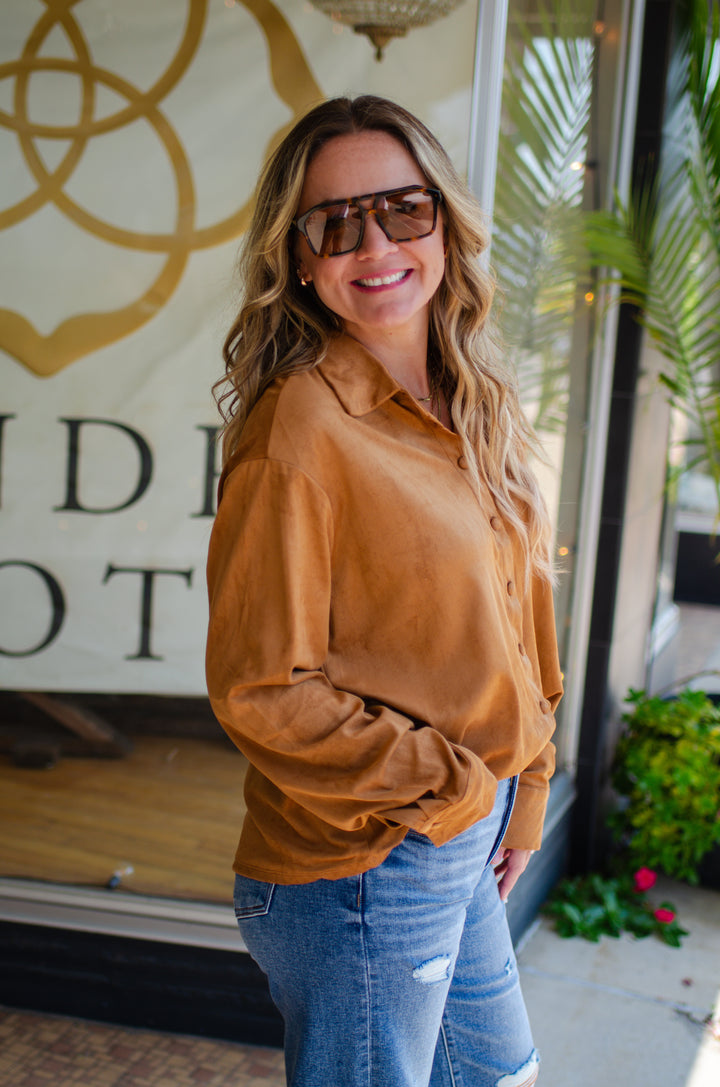 Chic Date Night Suede Like Button Down Top in Camel