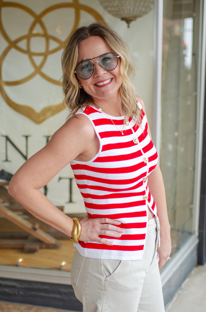 Make Our Way Red & White Knit Stripe Gold Button Down Top