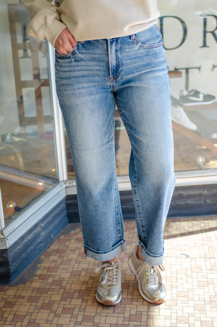 Risen High Rise Cuffed Straight Leg Jeans in Medium