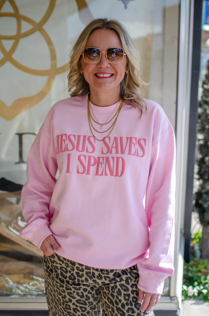 Jesus Saves, I Spend Puff Letter Sweatshirt in Pink