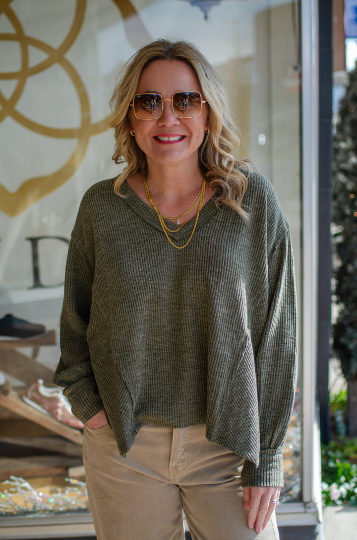 Our Love V-Neck Long Sleeve Side Cut Top in Olive