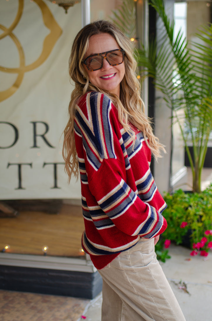 Change of Season Deep Red Stripe V-Neck Sweater