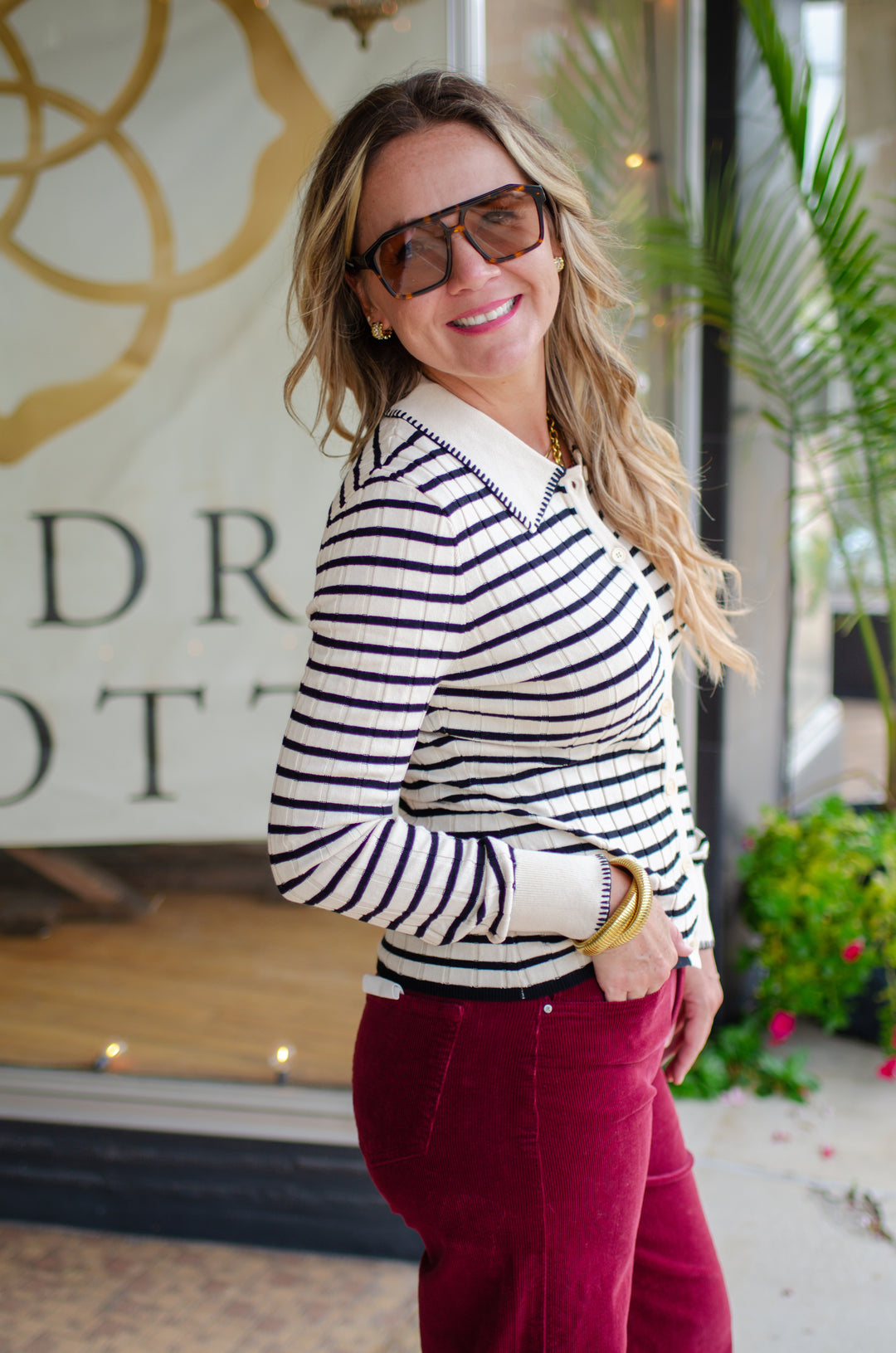 Perfectly Poised Contrast Button Down Collared Sweater Top in Beige