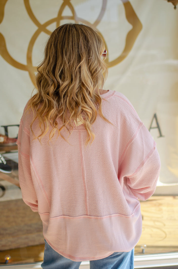Classic Moment Oversized V-Neckline Long Sleeve Top in Light Pink