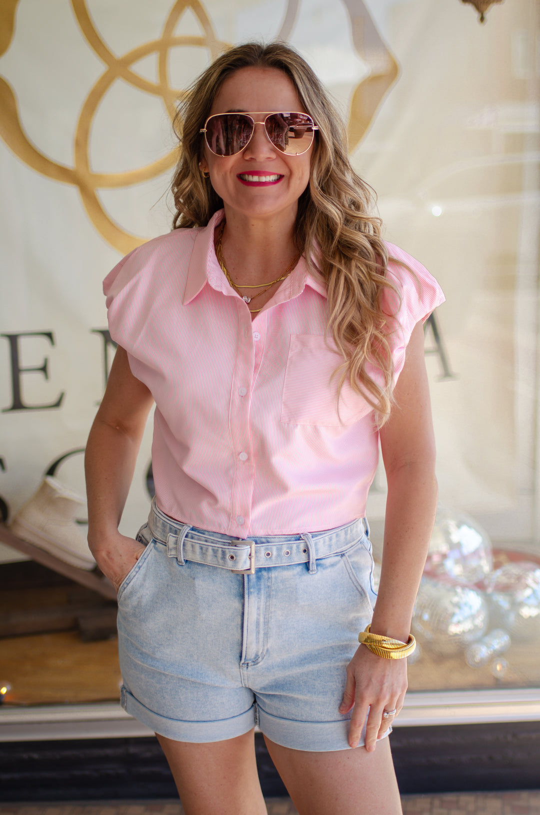 On Point Stripe Button Down Pouf Sleeve Collared Top in Pink