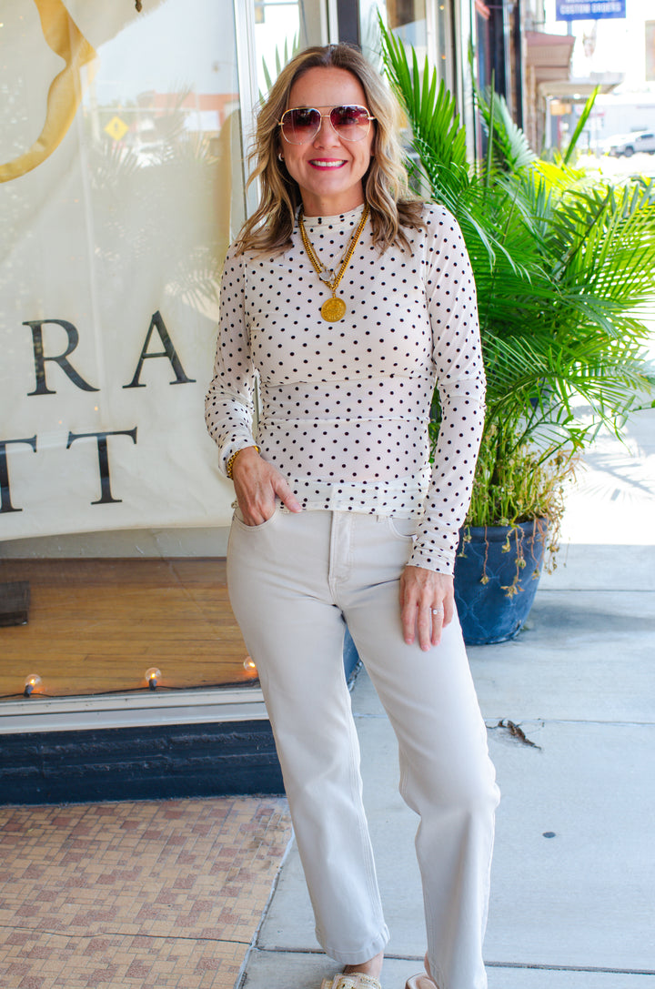 Oh So Fancy Polka Dot Mesh Long Sleeve Top in Cream