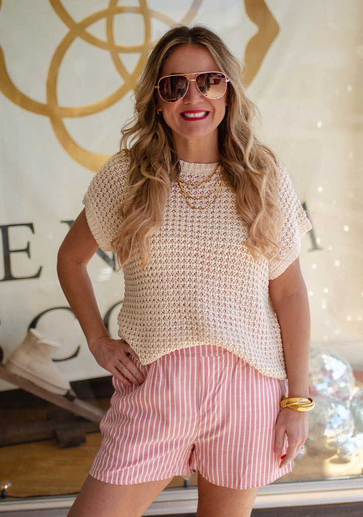 Sweet Summer Crochet Knit Sweater Top in Oatmeal