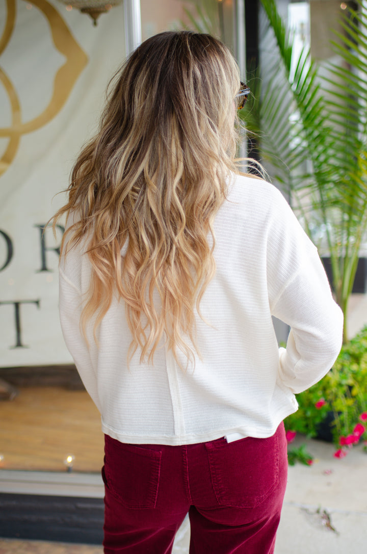 Take Your Time Split Neckline Long Sleeve Collared Top in Cream