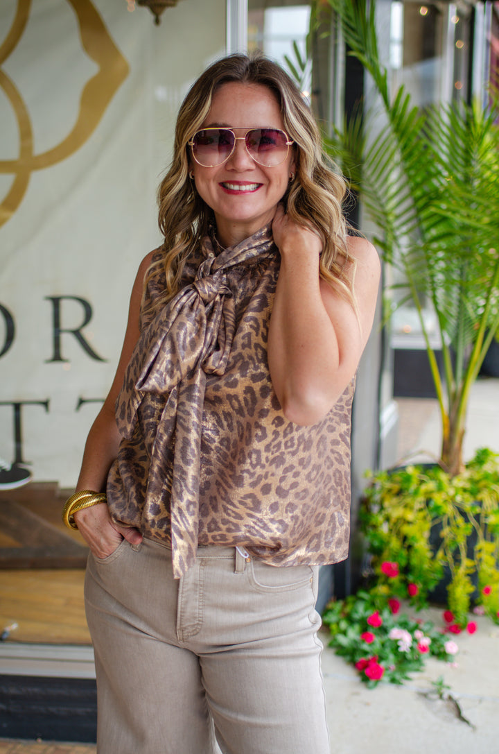 Wild Side Leopard Top with Neck Scarf