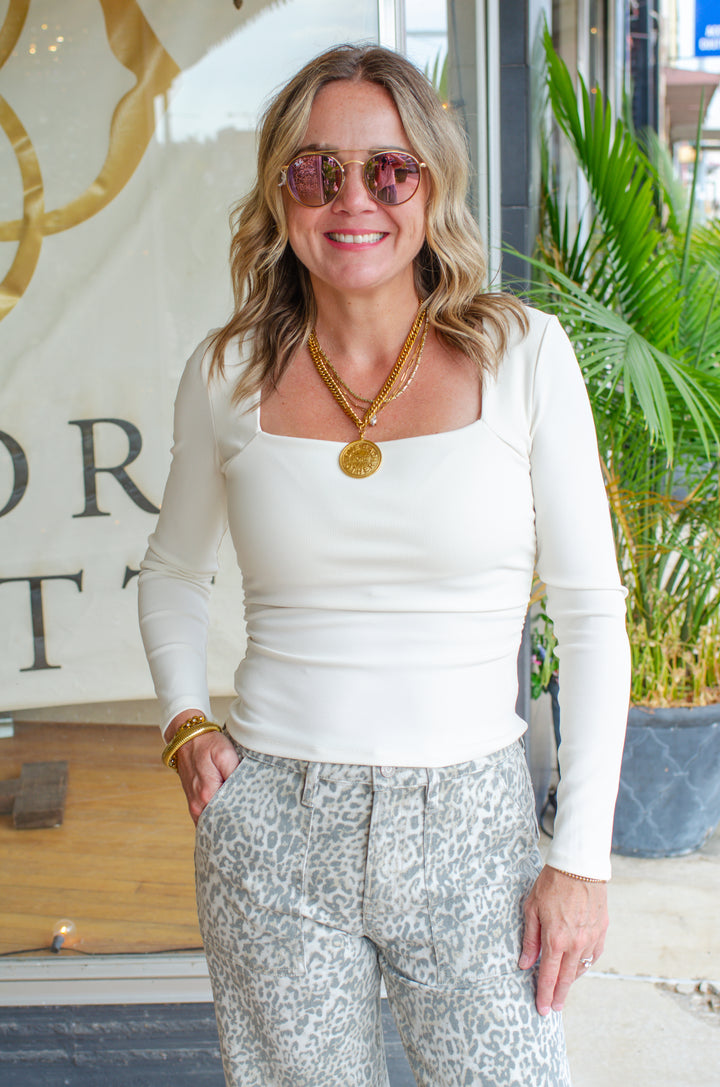 You Had Me At Hello Ribbed Square Neckline Long Sleeve Fitted Top in Cream