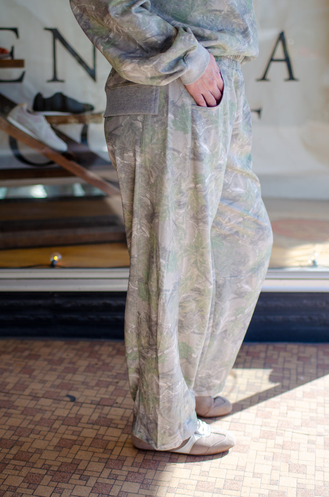 See You Now Camo Print Casual Knit Barrel Pants in Olive