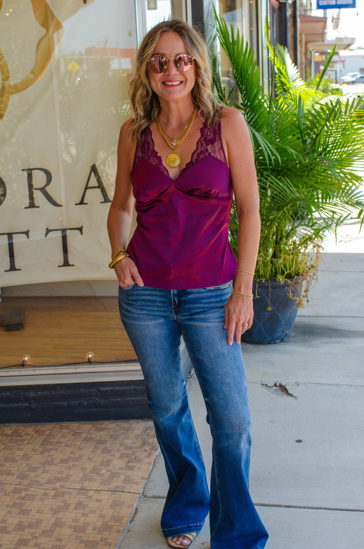 Winter Romance Lace Detailed Silk Camisole Top in Wine