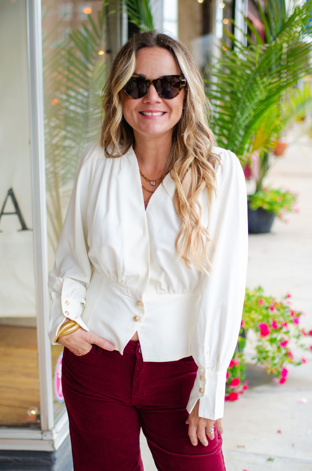 Run To You Long Sleeve Surplice Top with Gold Button Detail in Cream