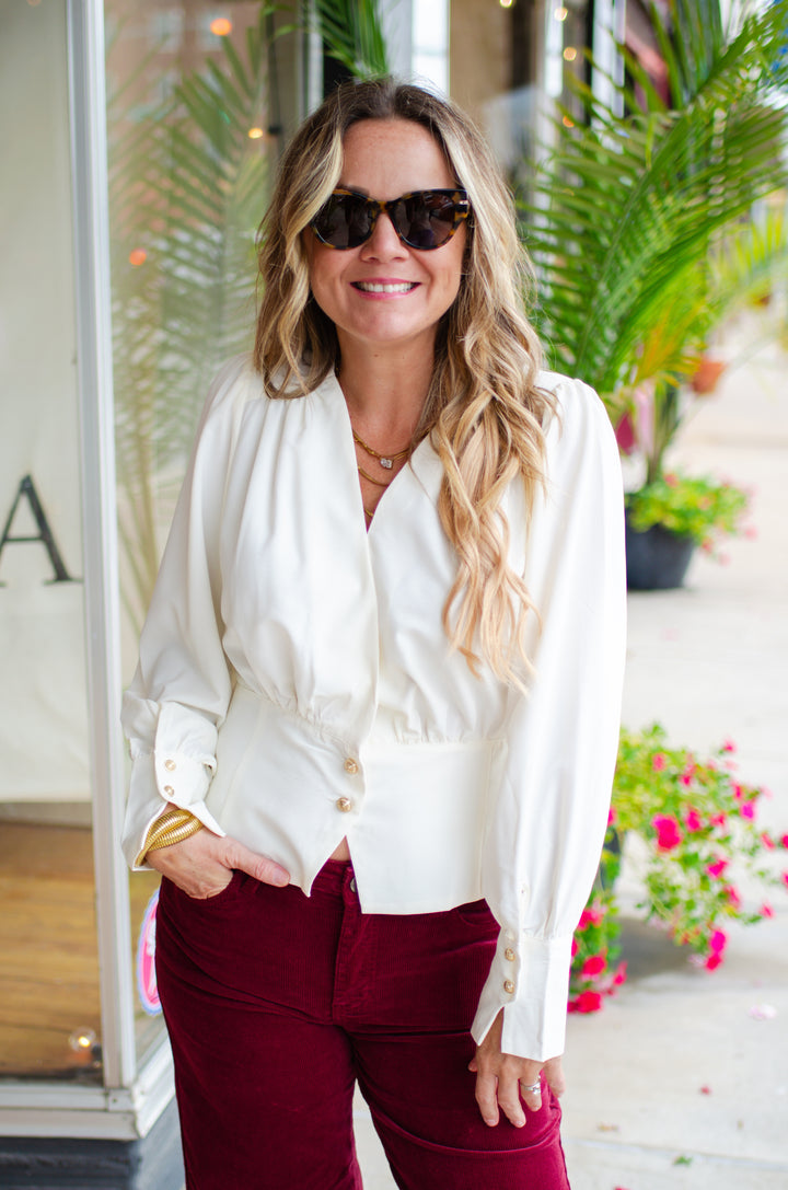 Run To You Long Sleeve Surplice Top with Gold Button Detail in Cream