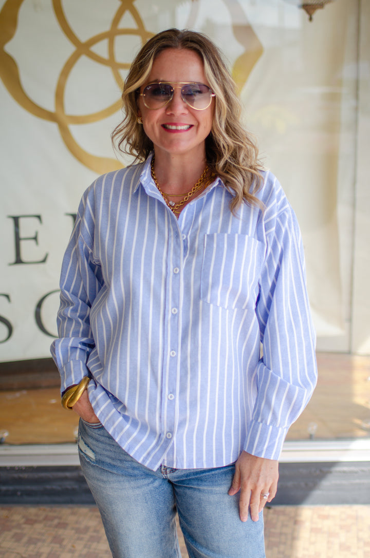 Fall Classic Stripe Button Down Boyfriend Top in Blue