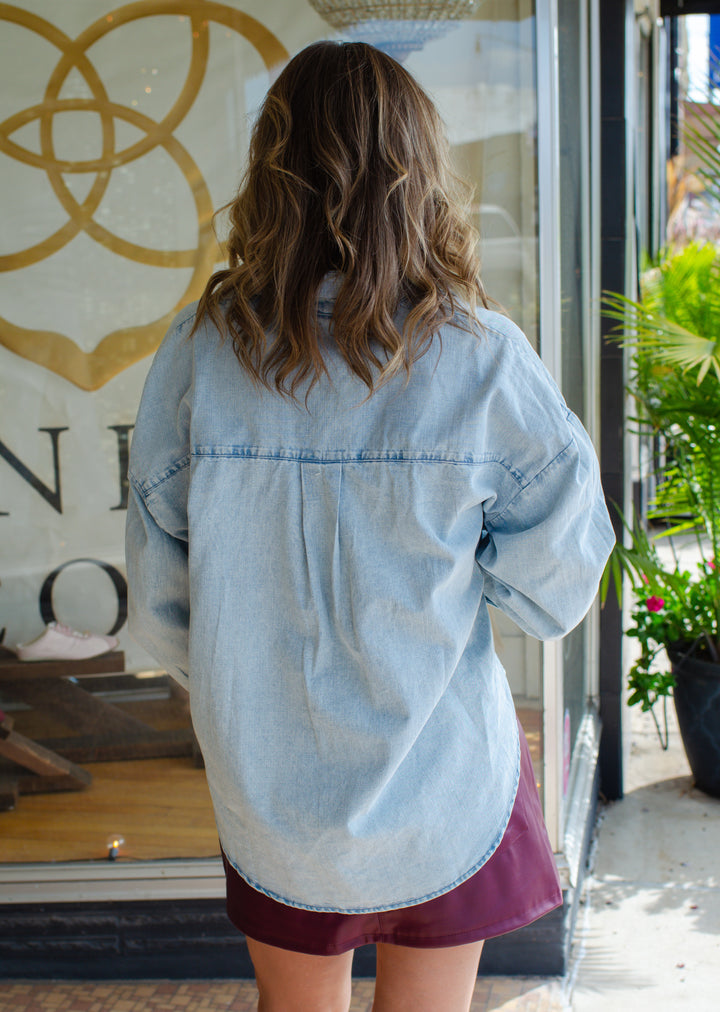 Denim Darling Peplum Long Sleeve Collared Top